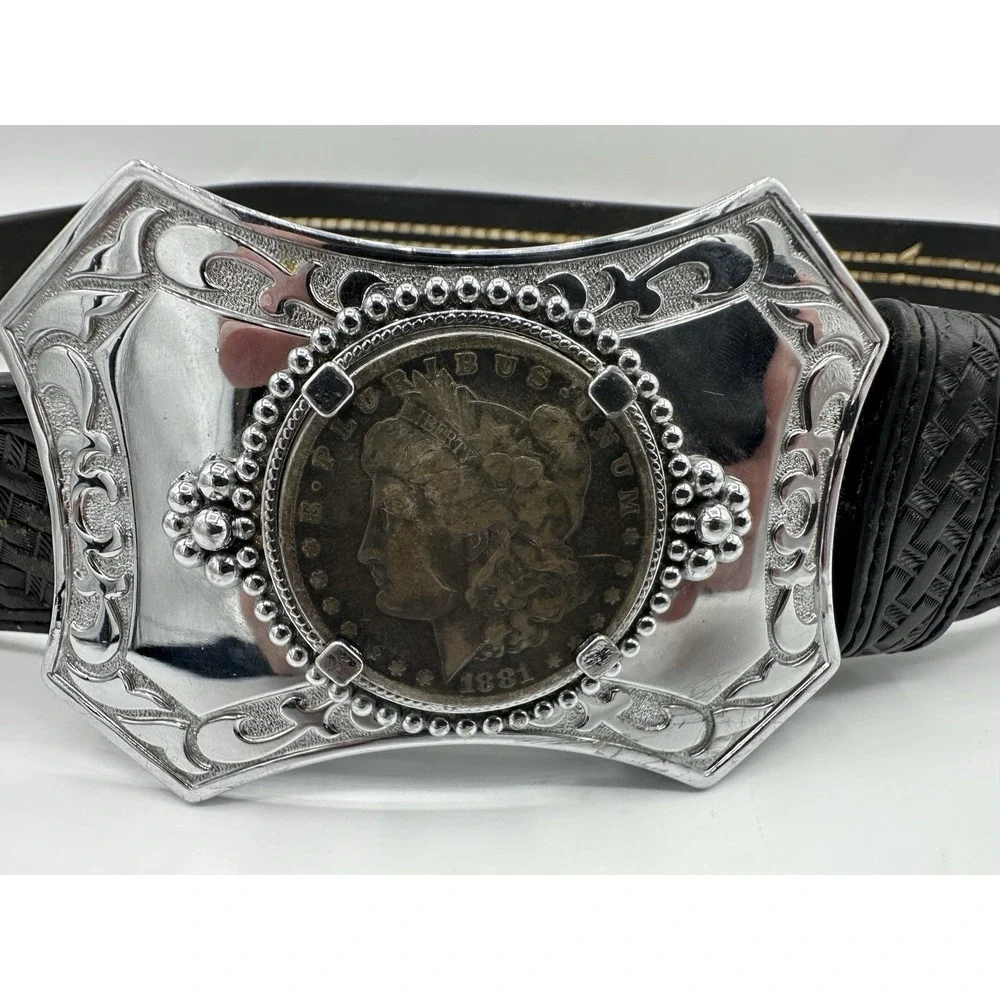 1881 Morgan Silver Dollar Coin Western Leather Belt Size 40 Cowboy Buckle